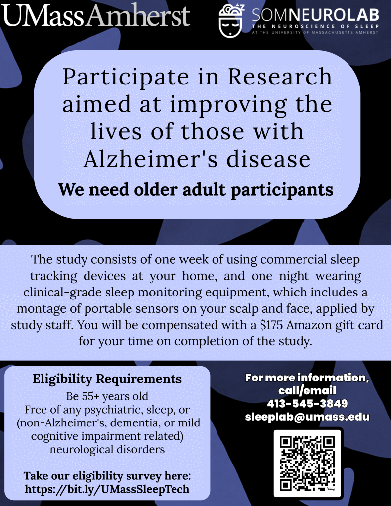 [Image of Study Flyer 3] 

Participate in Research aimed at improving the lives of those with
Alzheimer's disease

We need older adult participants

The study consists of one week of using commercial sleep tracking devices at your home, and one night wearing clinical-grade sleep monitoring equipment, which includes a montage of portable sensors on your scalp and face, applied by study staff. You will be compensated with a $175 Amazon gift card for your time on completion of the study.

Eligibility Requirements
Be 55+ years old
Free of any psychiatric, sleep, or
(non-Alzheimer's, dementia, or mild cognitive impairment related)
neurological disorders 

For more information,
call/email 413-545-3849
sleeplab@umass.edu

Images at top of SOMNEUROLAB and UMass Amherst Logo. QR code located at bottom right. 